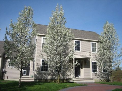Two-story gray house with flowering trees in front
