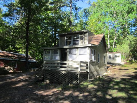 Cottage exterior seen through the woods